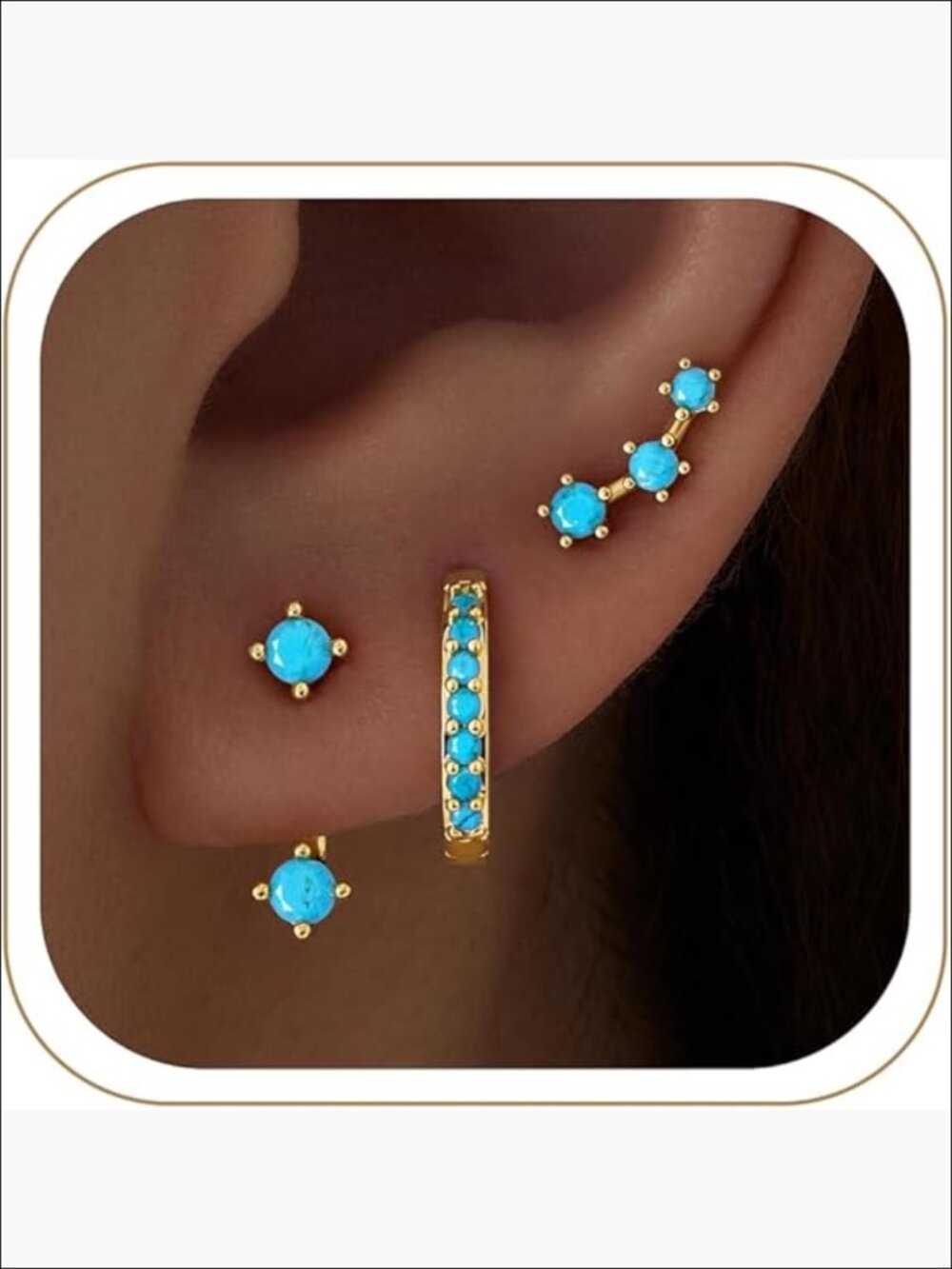 3 Pairs Dainty Earrings Stud Huggie Hoop Jacket Stack Gold Plated